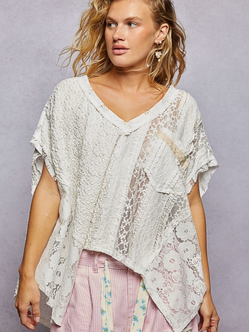 POL Boho Lace Patchwork V-Neck Blouse in White/Cream SM-LG